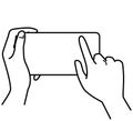 Hands holding smartphone,  touching screen, monochrome illustration Royalty Free Stock Photo